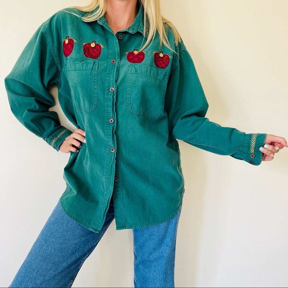 vintage 90s apple button down shirt blouse green cotton appliqué long sleeve top - Picture 4 of 6